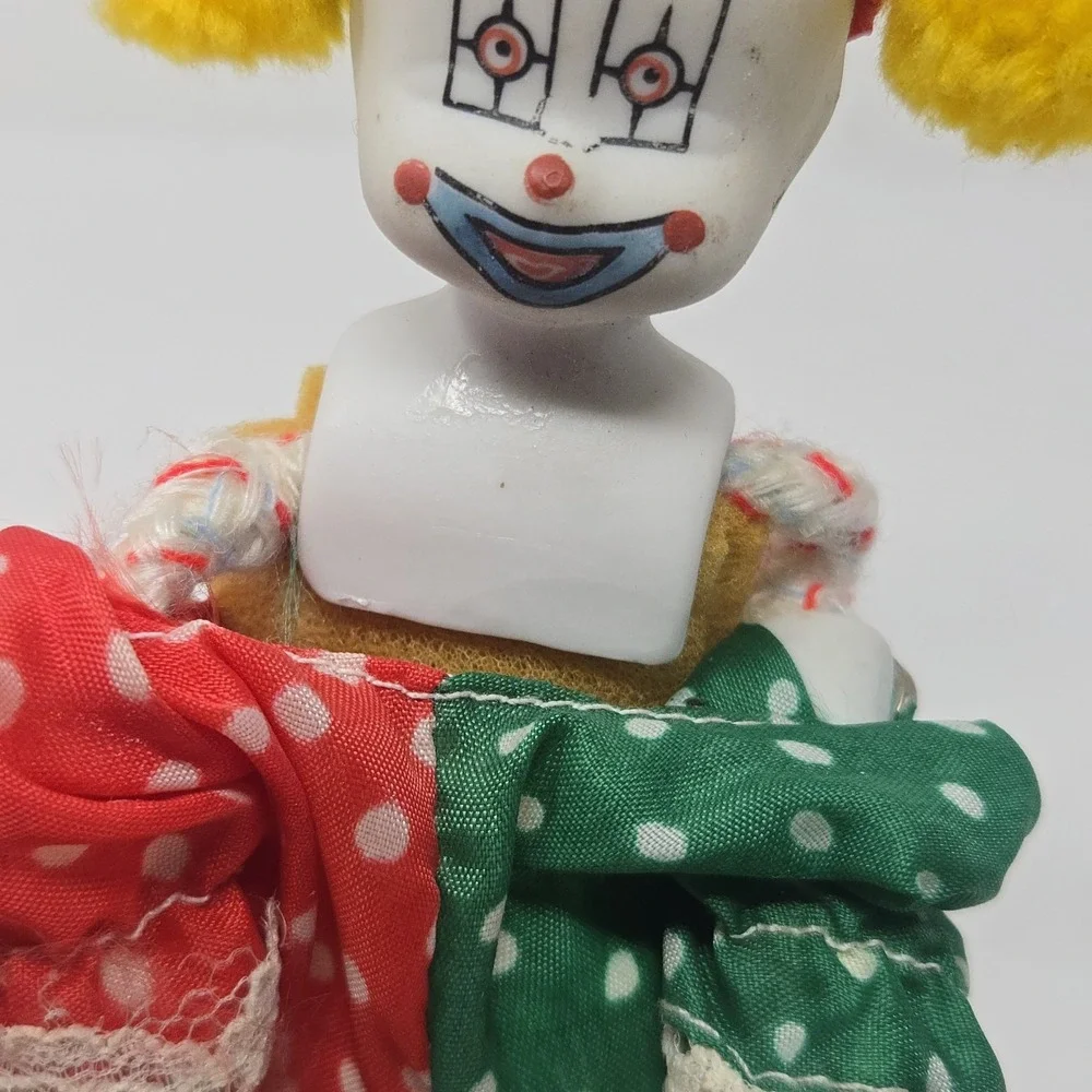 Vintage Bisque Porcelain Head Clown Doll Harlequin Red Green Polka Dot Outfit